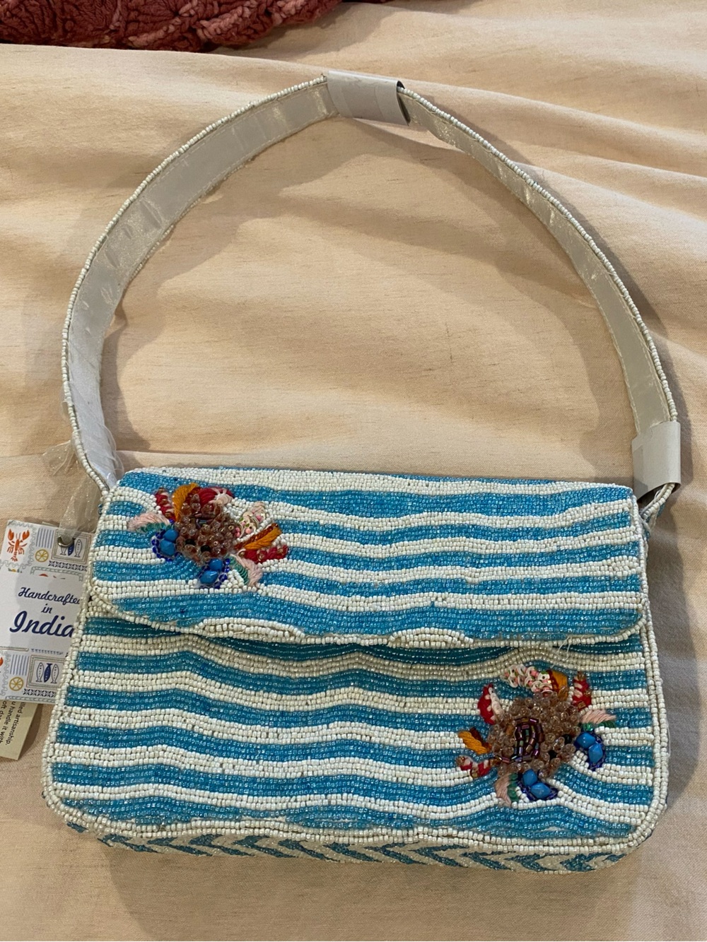 Striped Beaded Blue & White Shoulder Bag